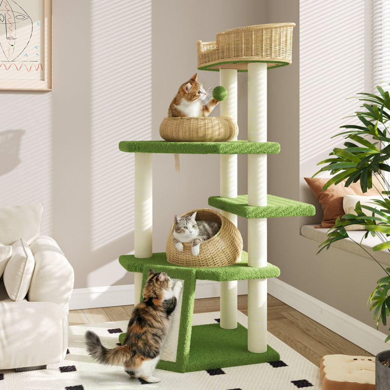 57" Multi-Level Cat Tree With S-Shaped Scratching Board And Breathable Wicker Perch