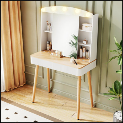 Small Vanity Desk With Sliding Mirror, Adjustable LED Lights, And Big-Capacity Storage For Makeup And Accessories