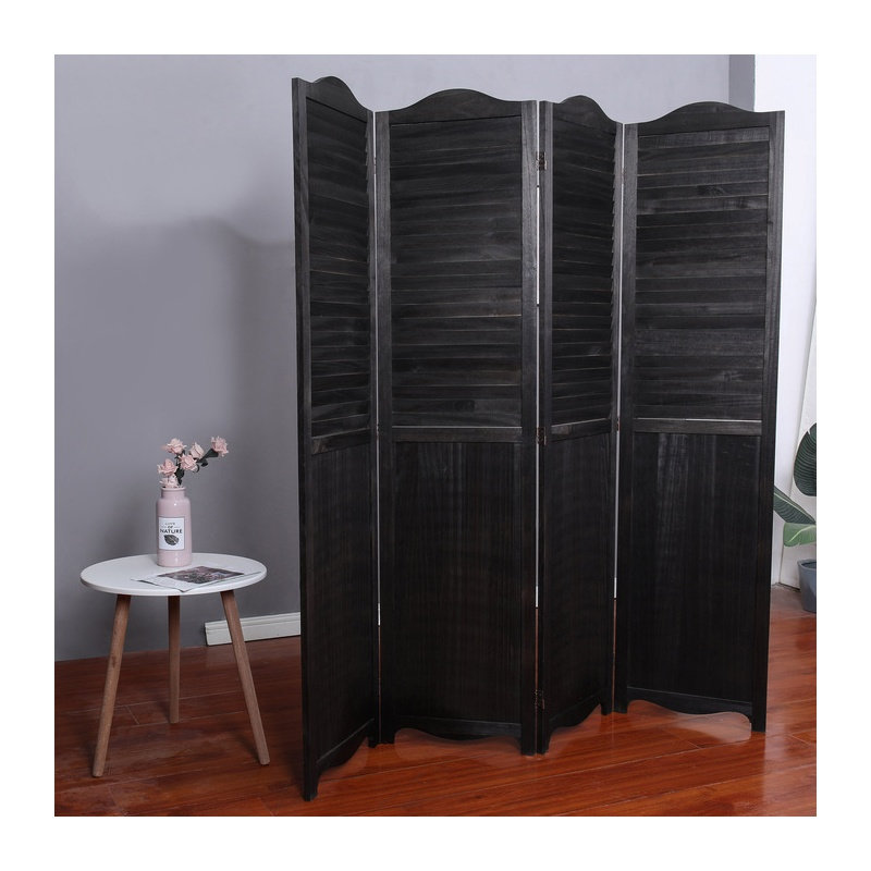 Black 4-Panel Arc Top Rustic Shutter Style Room Divider in Solid Paulownia Wood