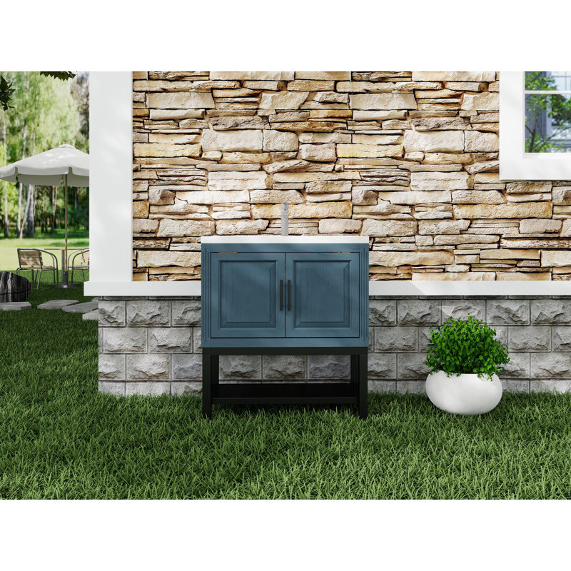  Meuble-lavabo autoportant avec rangement et tablette ouverte 32 po, bleu, Bleu