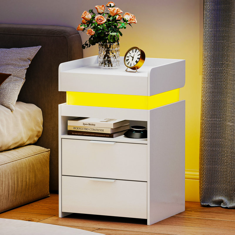 17.7"W Storage Nightstand With LED Lights, White