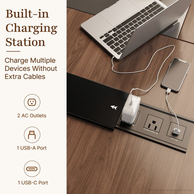 L-Shaped Executive Standing Desk with File Cabinet, Electric Height Adjustable Sit-Stand Desk with Power Outlets, USB Ports, Storage Shelves, Lockable Drawer, Walnut/Black