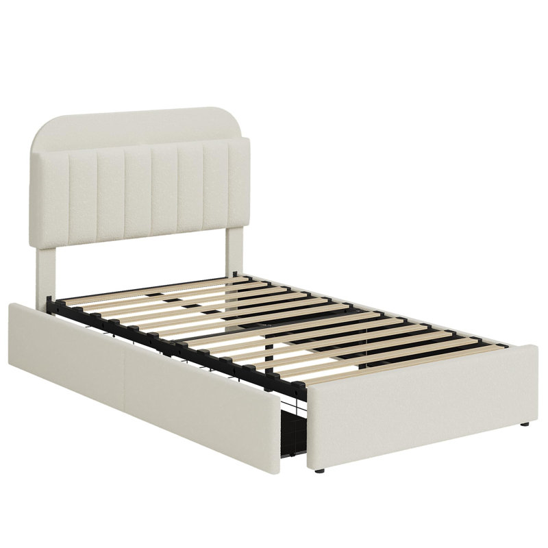 Cadre de lit avec tête de lit avec rangement, cadre de lit avec 2 tiroirs, Beige, Simple