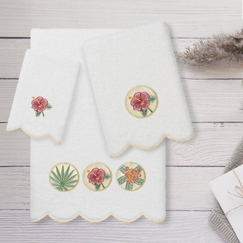  100% Turkish Cotton MAUI Scallop 3PC Embellished Towel Set, 3 Piece Towel Set, White/Beige