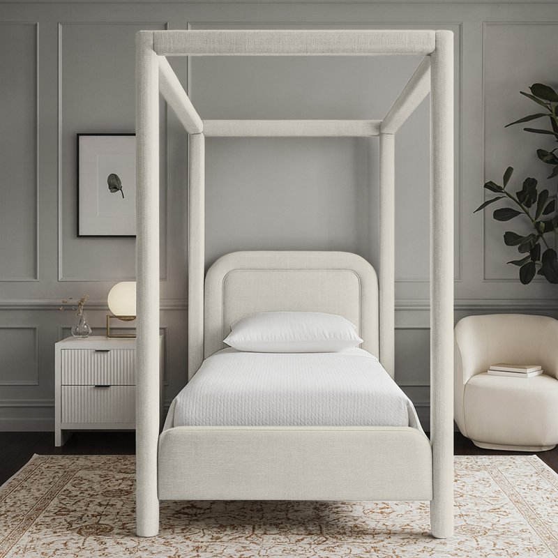 Salina Linen Textured Fabric Upholstered Bed, Twin, Cream Linen Textured Fabric