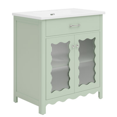 Meuble-lavabo de 31 po avec portes à rayures verticales en verre, tablettes réglables, charnières à fermeture en douceur et pieds en bois d'hévéa pour un look cohésif attrayant, profil courbé, résistance aux égratignures et aux taches