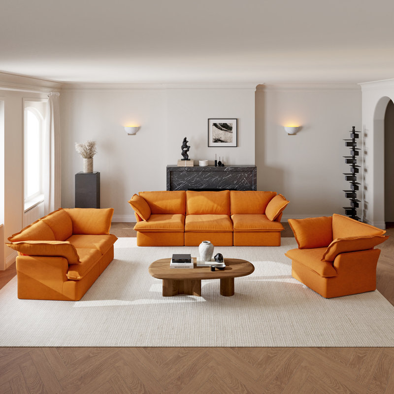 Ensemble de salon modulaire 3 pièces, Orange, Velours