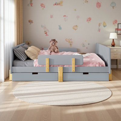 Platform Bed With Storage Drawers, Solid Wood Beds Frame With Bed Guardrail, Small Shelf, And Hooks, No Box Spring Needed by Harriet Bee