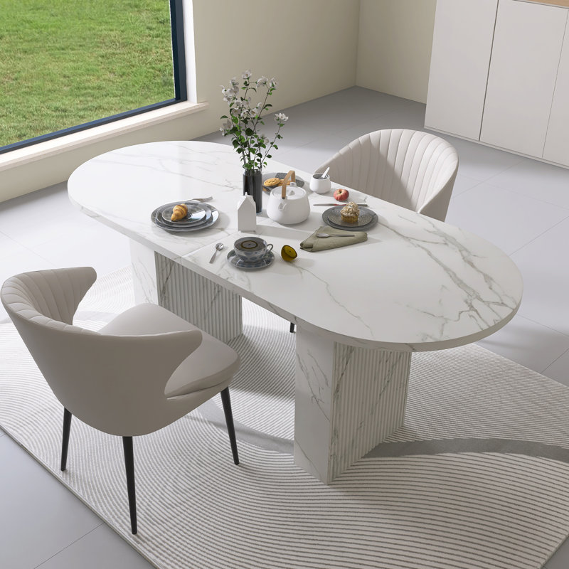 Modern Farmhouse Oval Dining Table For 6, Marble Top Kitchen Table With Wood Strip Base, Waterproof Scratch Resistant Surface, White Marble Finish-Only Table