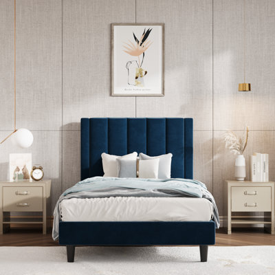 Stauton Upholstered Platform Bed with Velvet and Striped Headboard