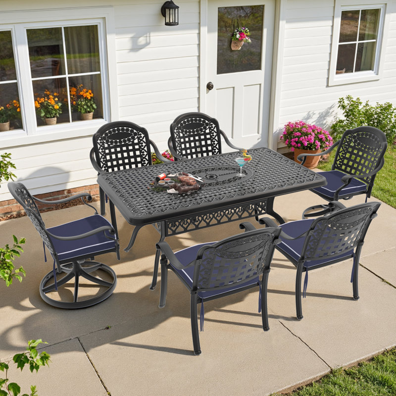 6-Person Rectangular Cast Aluminum Patio Dining Set with 2 Swivel Chairs & Cushions & Umbrella Hole