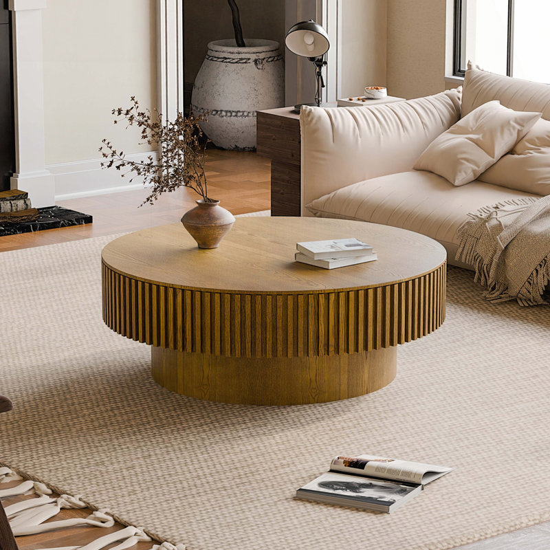 Table basse ronde avec rangement rabattable caché - brun, 39,37 po