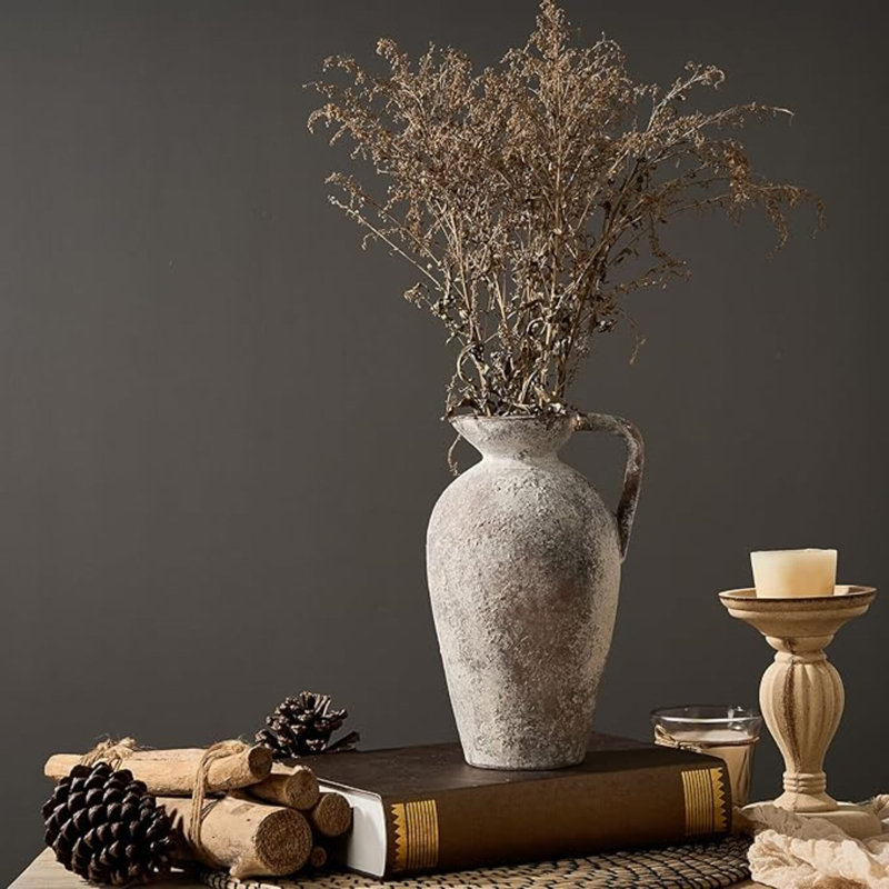 Vase en céramique rustique de style campagnard, vase en terre cuite de 9,25 pouces avec poignée, grands vases en argile neutres pour le salon, la table et la tablette (brun, L)