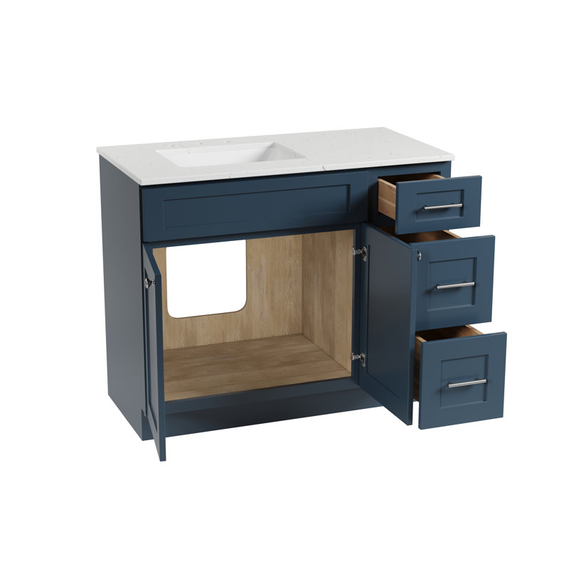 Meuble-lavabo simple avec plateau en quartz Disar, Gauche, Bleu