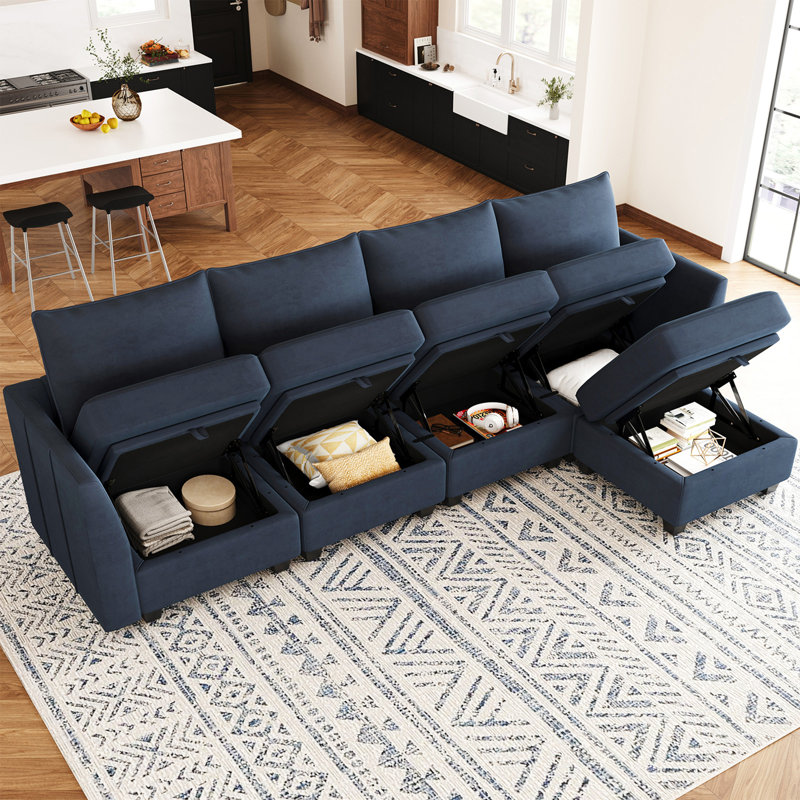 Canapé modulaire en bois massif avec repose-pieds Allison, Velours bleu