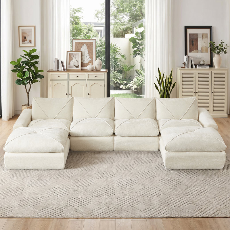 Canapés modulaires Boneless, Chenille beige, Forme en U (6 sièges)