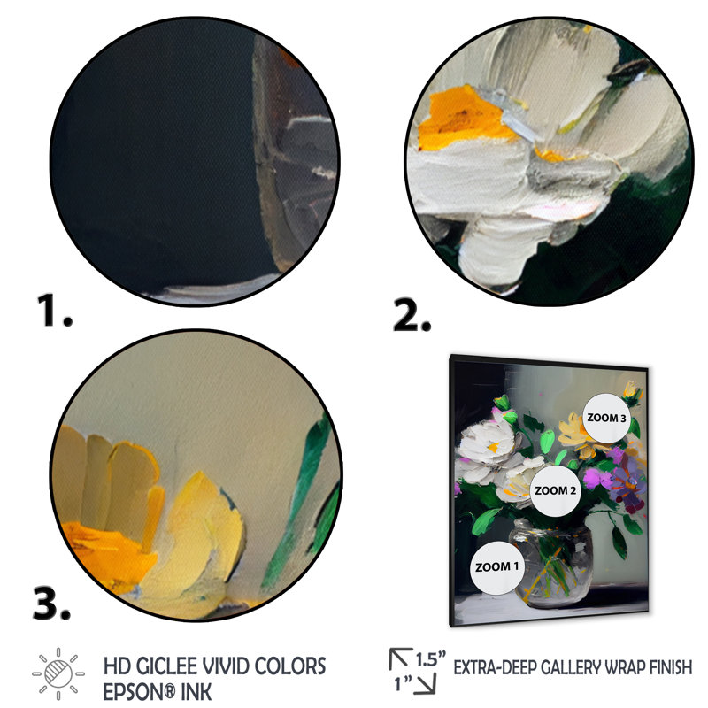 Nature morte avec fleurs blanches IV - reproduction sur toile, Cadre photo noir, H 20 po x l 12 po x P 1 po