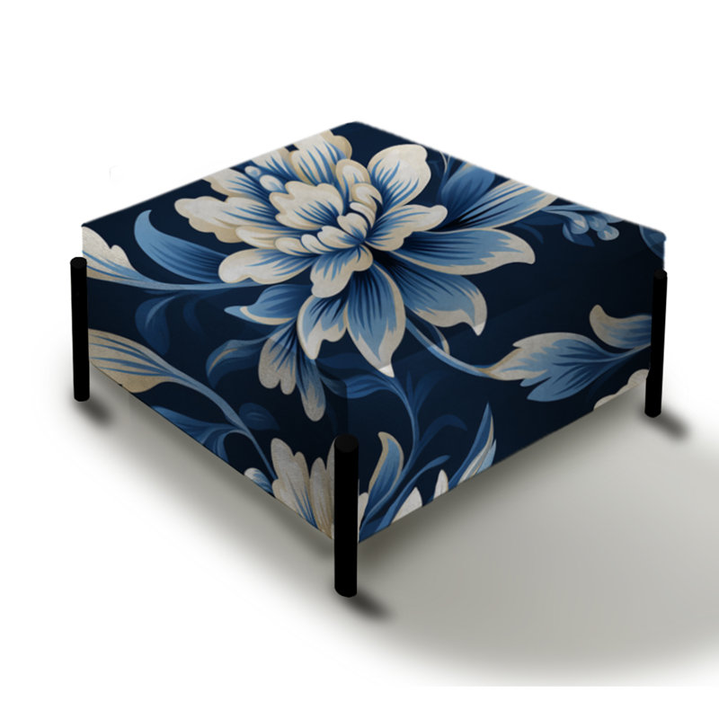 Blanc et bleu symétrique damassé - grand repose-pieds carré damassé