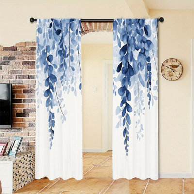 2Pcs Blue Leaf Print Curtains, Watercolor Style Hanging Vine Pattern, Rod Pocket Light Filtering, Natural Botanical Theme, All-Season For Living Room Bedroom Study Window Decor