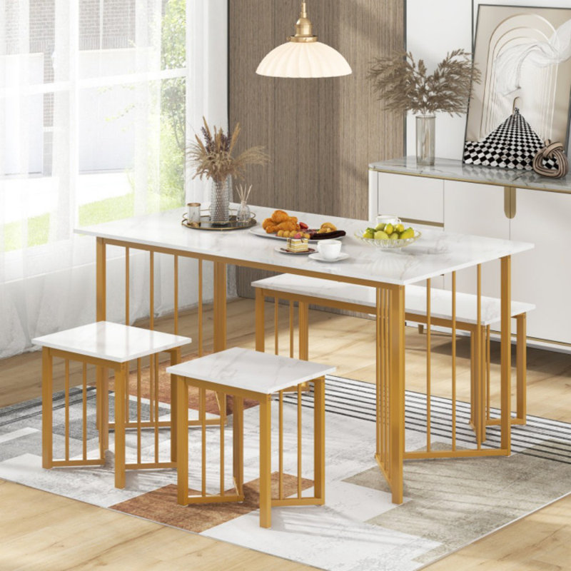 Ensemble de table de salle à manger 4 pièces avec banc et 2 tabourets