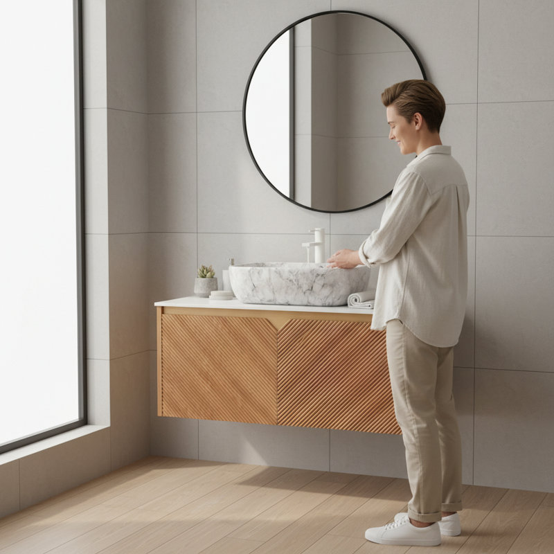 Meuble-lavabo flottant 36 po avec portes en bois massif sergé, plateau en pierre frittée et vasque en céramique - armoire en contreplaqué de chêne brun