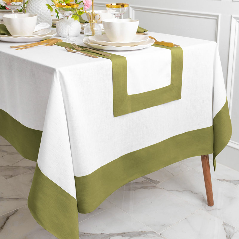 Contempo - 100% Pure Linen Tablecloth, 120" x 60", Avocado/White
