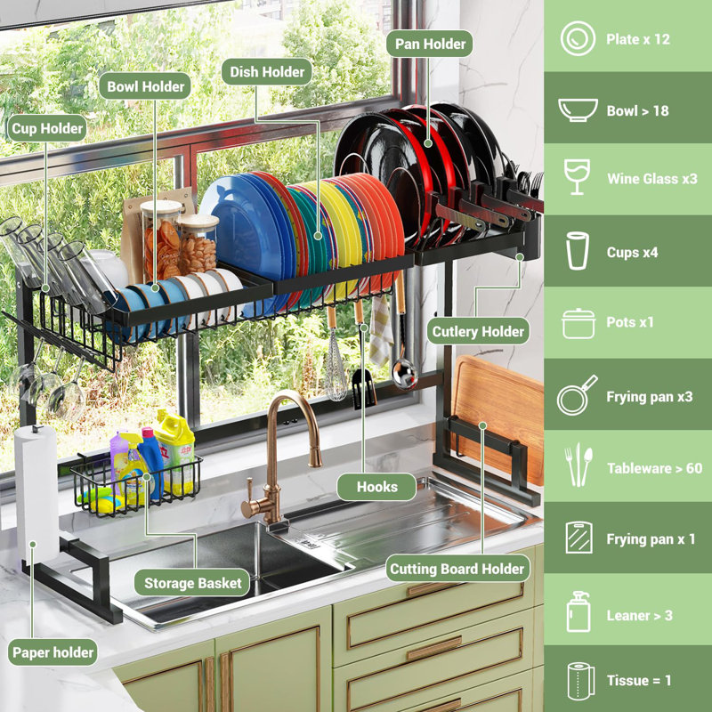 Over The Sink Drying Rack (Expandable Dimension) Snap-On Design 2 Tier Large Dish Rack Kitchen Count Organization and Storage