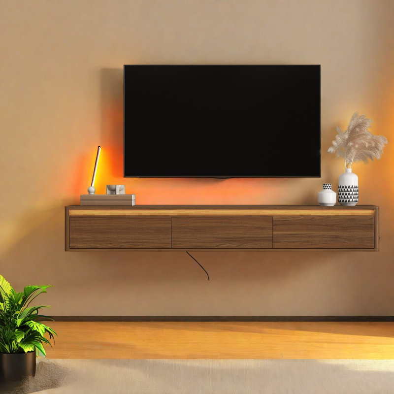 Meuble télé et centre de divertissement à DEL flottant, rangement moderne en panneau de fibres à densité moyenne pour la maison