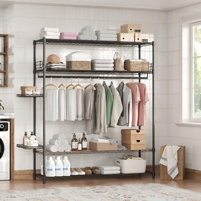 Portant à vêtements à 4 niveaux de 150 cm de large, en acier au carbone robuste, avec étagères métalliques réglables, paniers latéraux, capacité de 439 kg, portant autoportant pour chambre à coucher