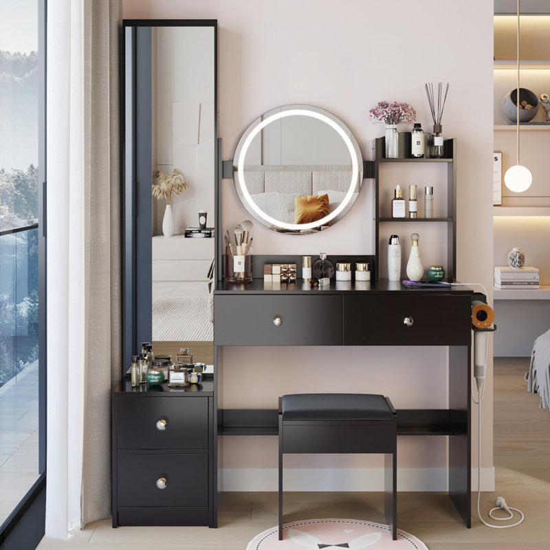 Full Body Mirror Cabinet + Round LED Vanity Table + Cushioned Stool, 17\, Black