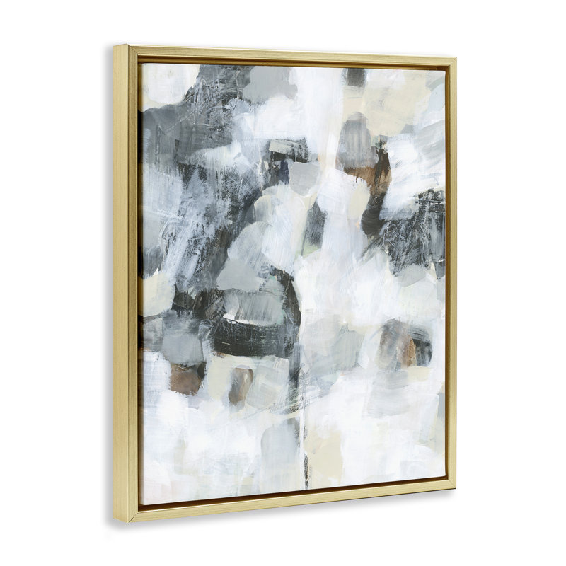 Toile flottante grise et blanche à motif abstrait encadrée par Melissa Wang, H 31 po x l 25 po