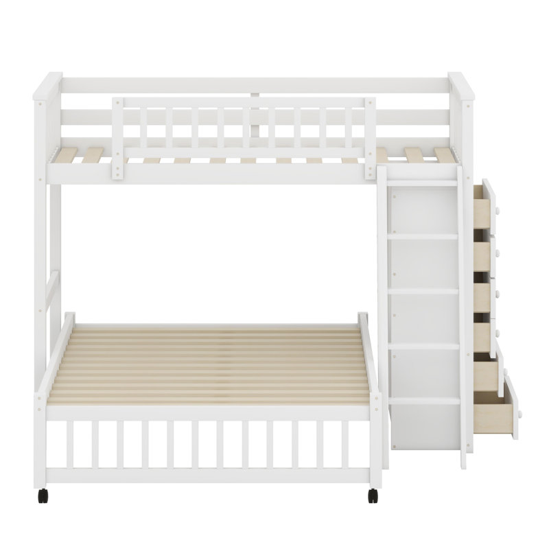 Versatile Bunk Bed with Integrated Drawers, Movable Shelves, and Wheeled Lower Frame, White