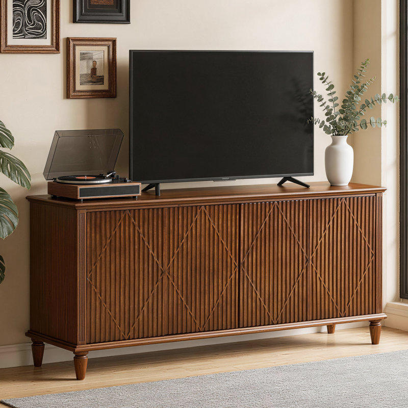 Meuble télé Mid-Century moderne avec rangement, meuble télé en bois 58 po avec portes à motif géométrique et pieds fuselés