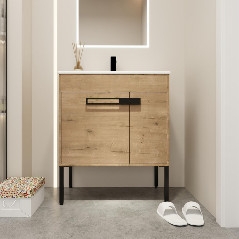 Marell 30'' Single Bathroom Vanity with Ceramic Top, Imitative Oak