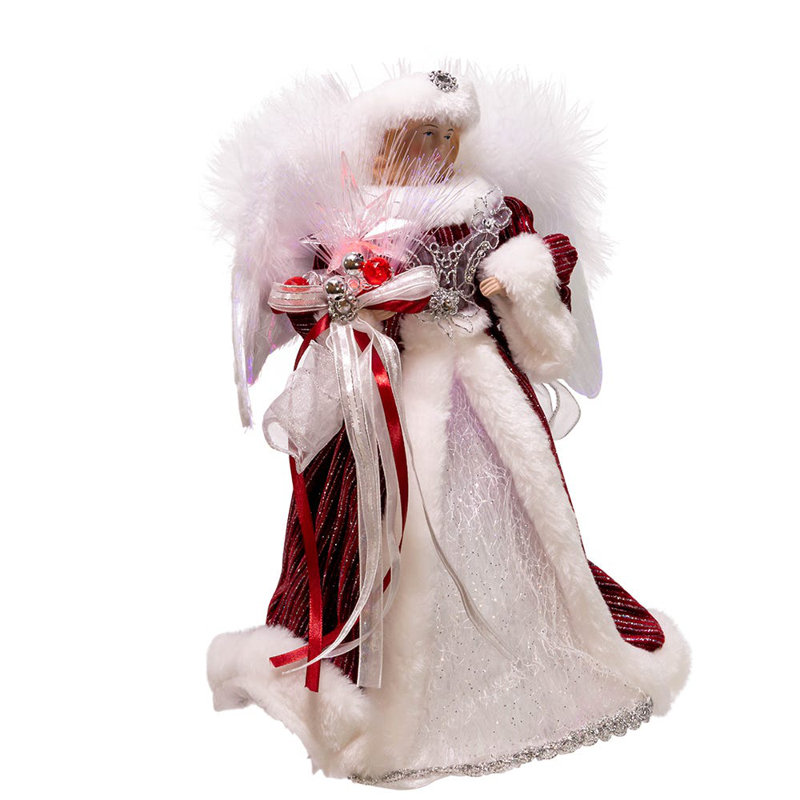14-Inch White, Silver, and Burgundy Angel Tree Topper with LED Lights