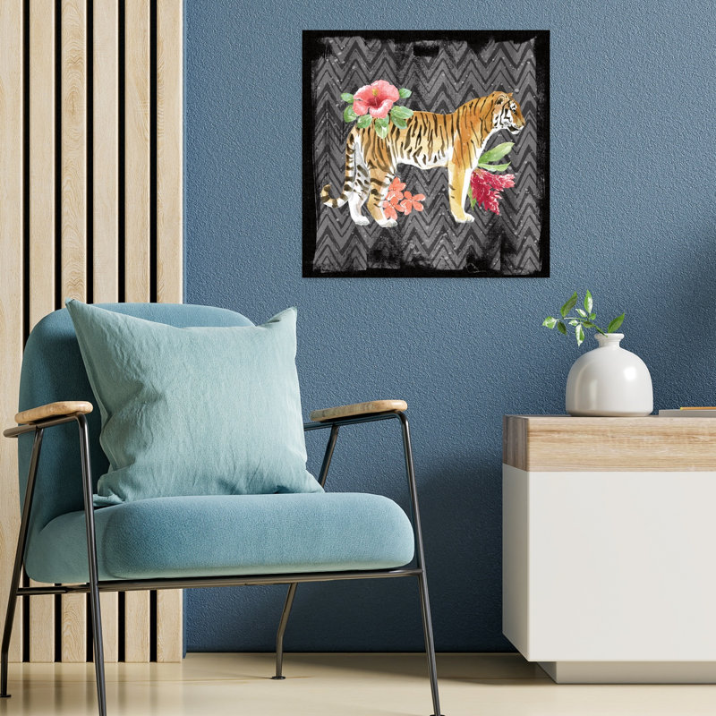 Dessin de tigre gris de la jungle IV, art floral tropical, H 18 po x l 18 po