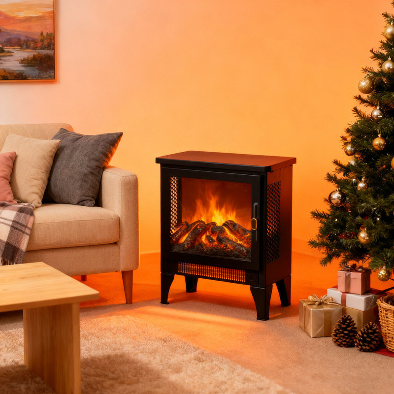 17" Freestanding Electric Fireplace Heater With Realistic 3D Flame Effect, Classic Wood Stove Design, Antique Black