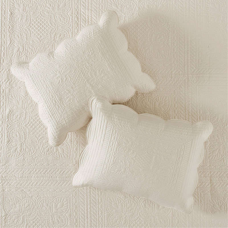3 Piece Reversible Scalloped Edge Quilt Set Cream Full/Queen, Full/Queen Quilt + 2 Shams, Cream