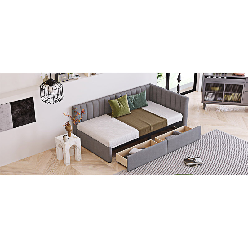 Upholstered Daybed With Storage Drawers, Gray