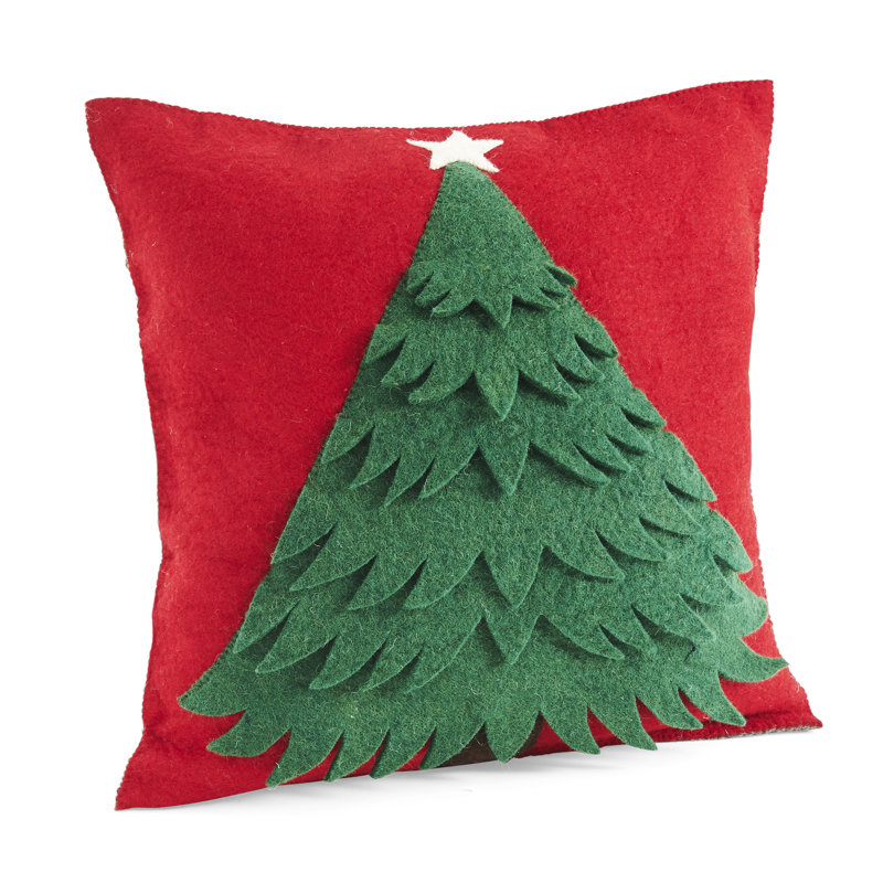 Coussin de Noël fait à la main en laine feutrée à la main - arbre - 20 po, Rouge / vert