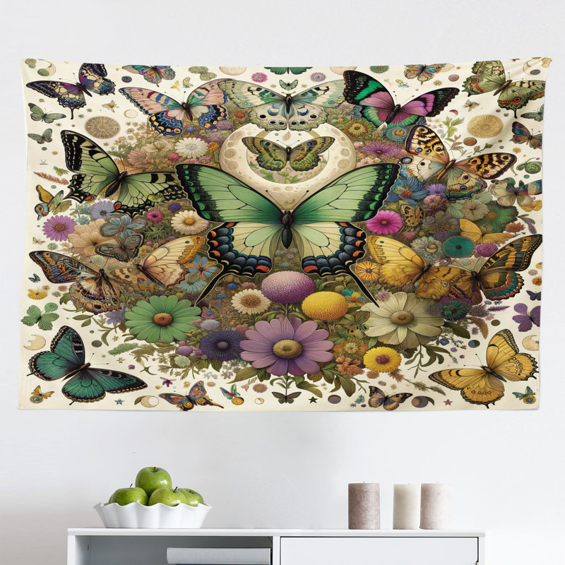 Winston Porter Boho Wall Hanging Tapestry Dancing Moth Butterfly Flower Fern Green Lilac Orange, H 23 po x l 28 po