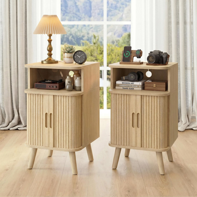 Regar Fluted Nightstand with Charging Station, Oak, Set of 2