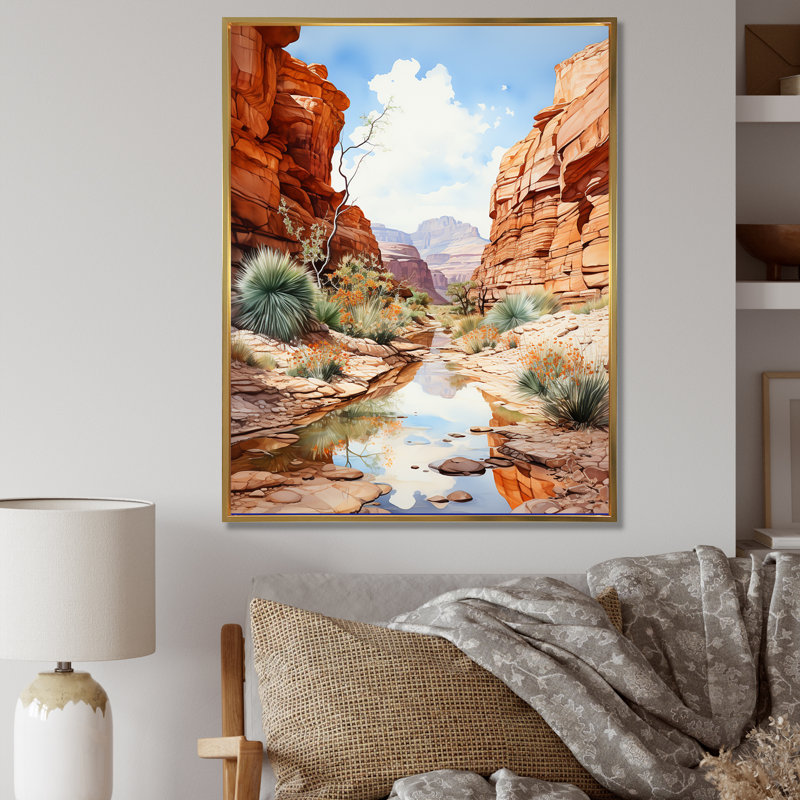 Canyon Stream, charme minimaliste I - impressions sur toile Canyon, Cadre flottant doré, H 32 po x l 24 po x P 1 po