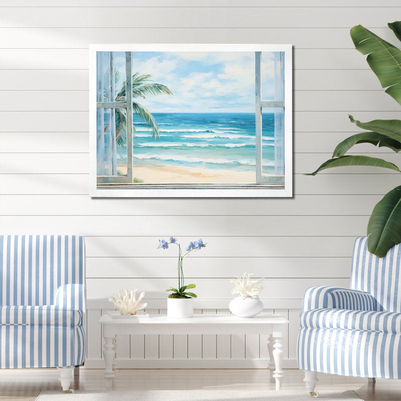«Tranquility Beachside Windows Horizon III - Coastal Windows», art mural, Cadre de coin blanc fermé
