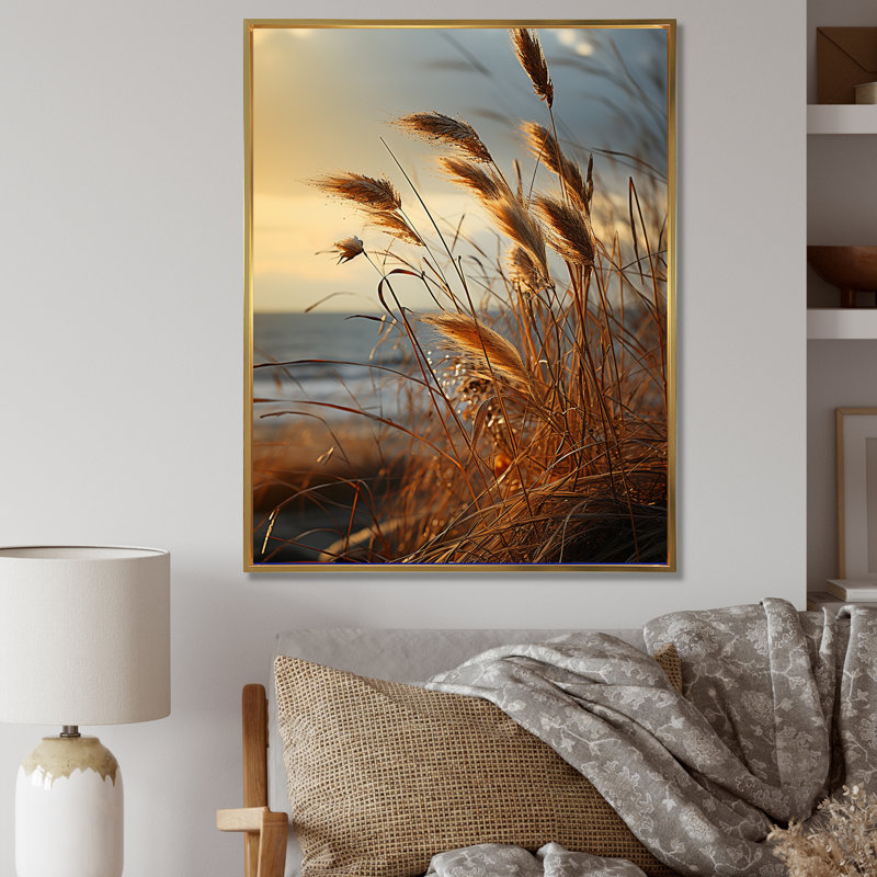 Beachgrass Sunset Nature Herbs - impression, Cadre flottant doré, H 40 po x l 30 po x P 1,5 po
