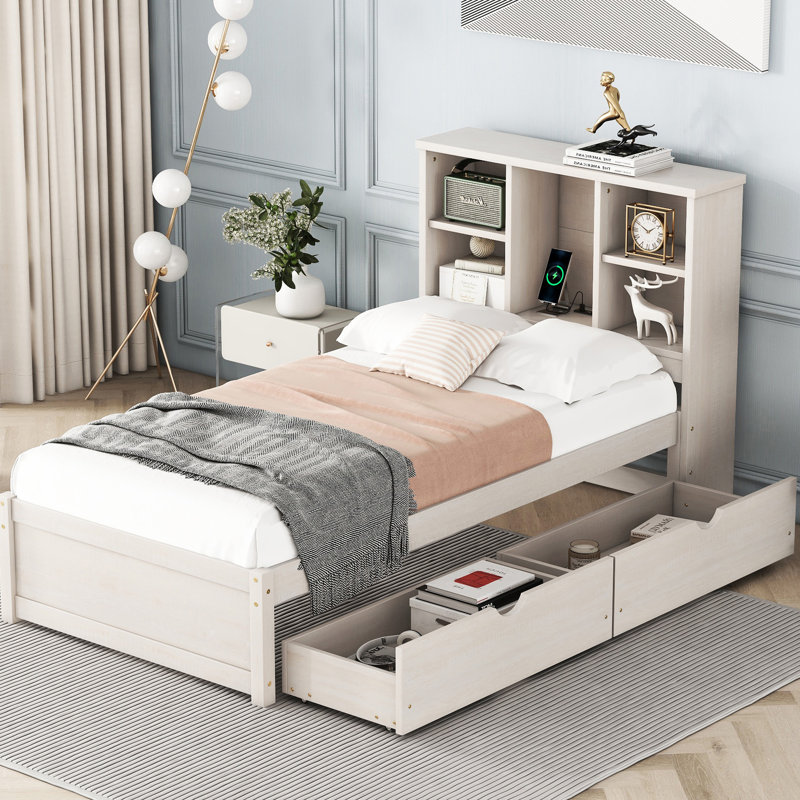 Modern Twin Bed With Port And 2 Efficient Drawers, White Washed Practical Storage Drawer Options, White Washed