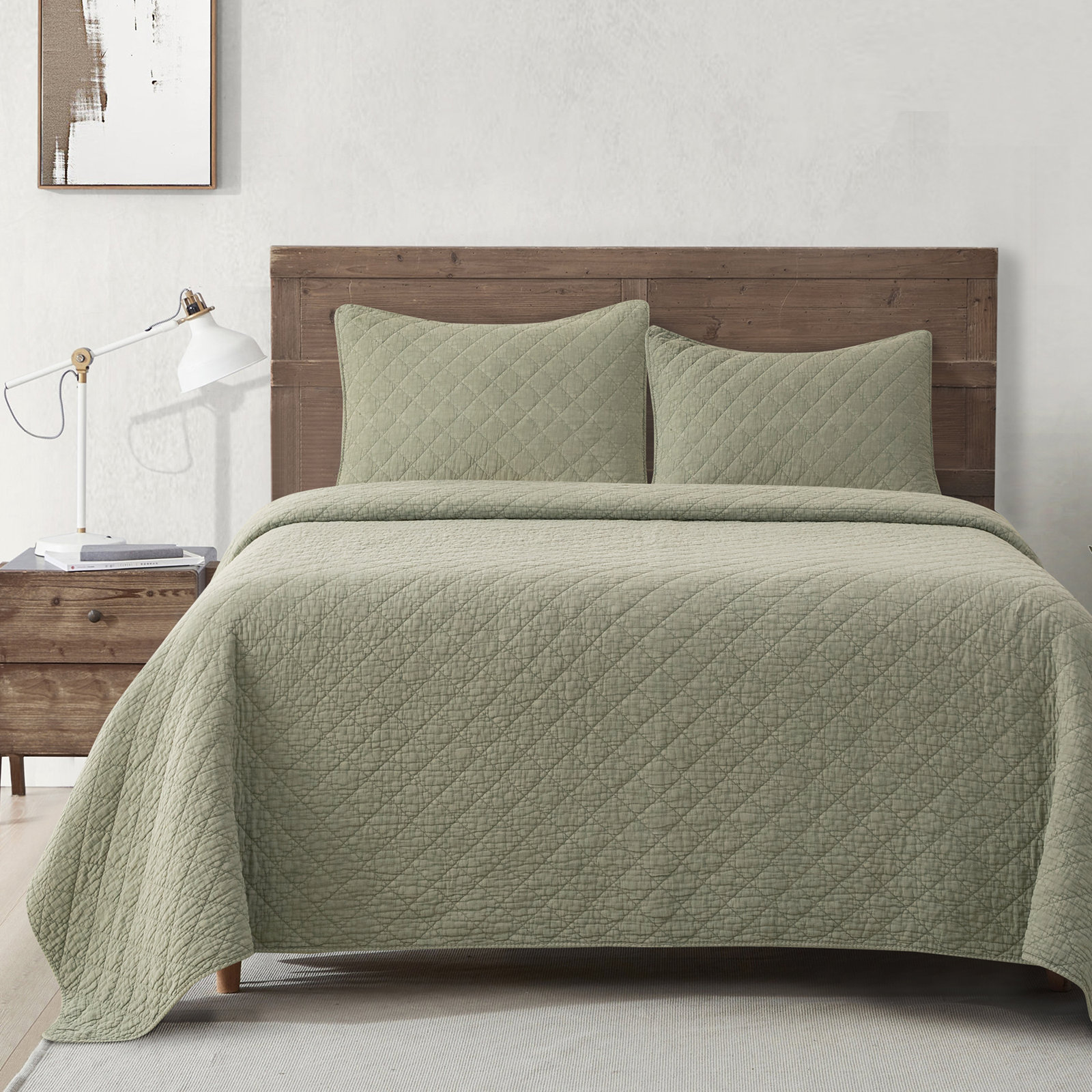 Bostwick Stonewashed Cotton Gauze Solid Color Classic Casual Modern Rustic Quilt Set, King Quilt + 2 King Shams, Celadon