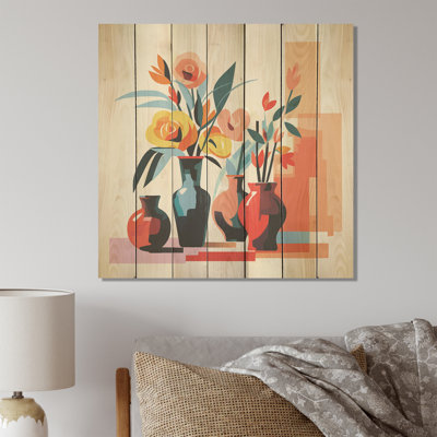 Henri Matisse Style Boho Flower Bouquet V - Boho Pottery On Wood Print