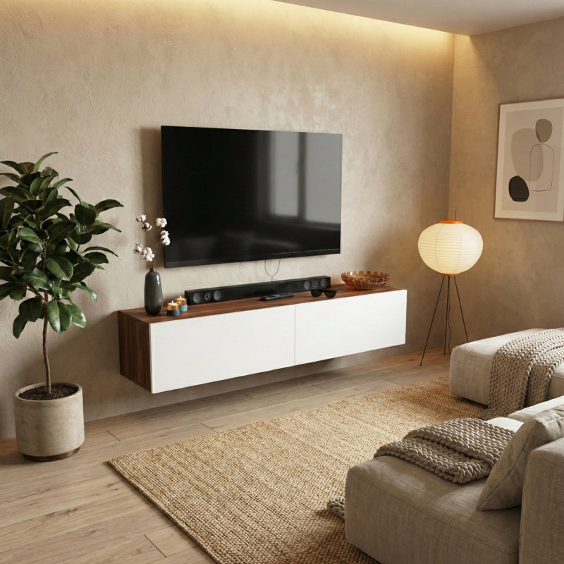 Barryan 63" Floating TV Stand, Walnut/White