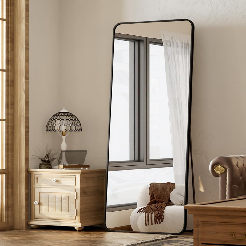 65"X24" Full Length Mirror With Rounded Corners, Standing, Hanging, Or Leaning Floor Mirror For Bedroom, Living Room, Or Dressing Room, Aluminum Alloy Frame, Shatterproof HD Glass, Black